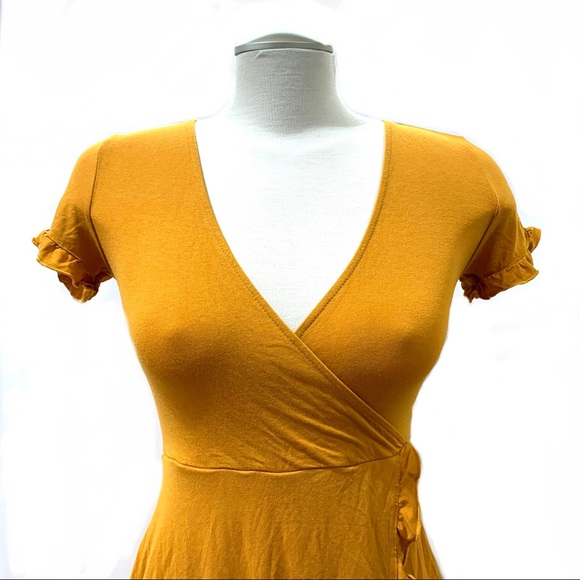 Forever 21 Like New Amber Yellow Ruffled Wrap Mini Dress Size Small - Picture 4 of 12
